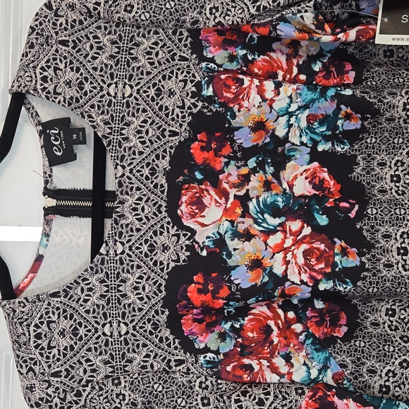 NWT ECI New York Dress Size 14 Black White Colorful Floral - Picture 2 of 10